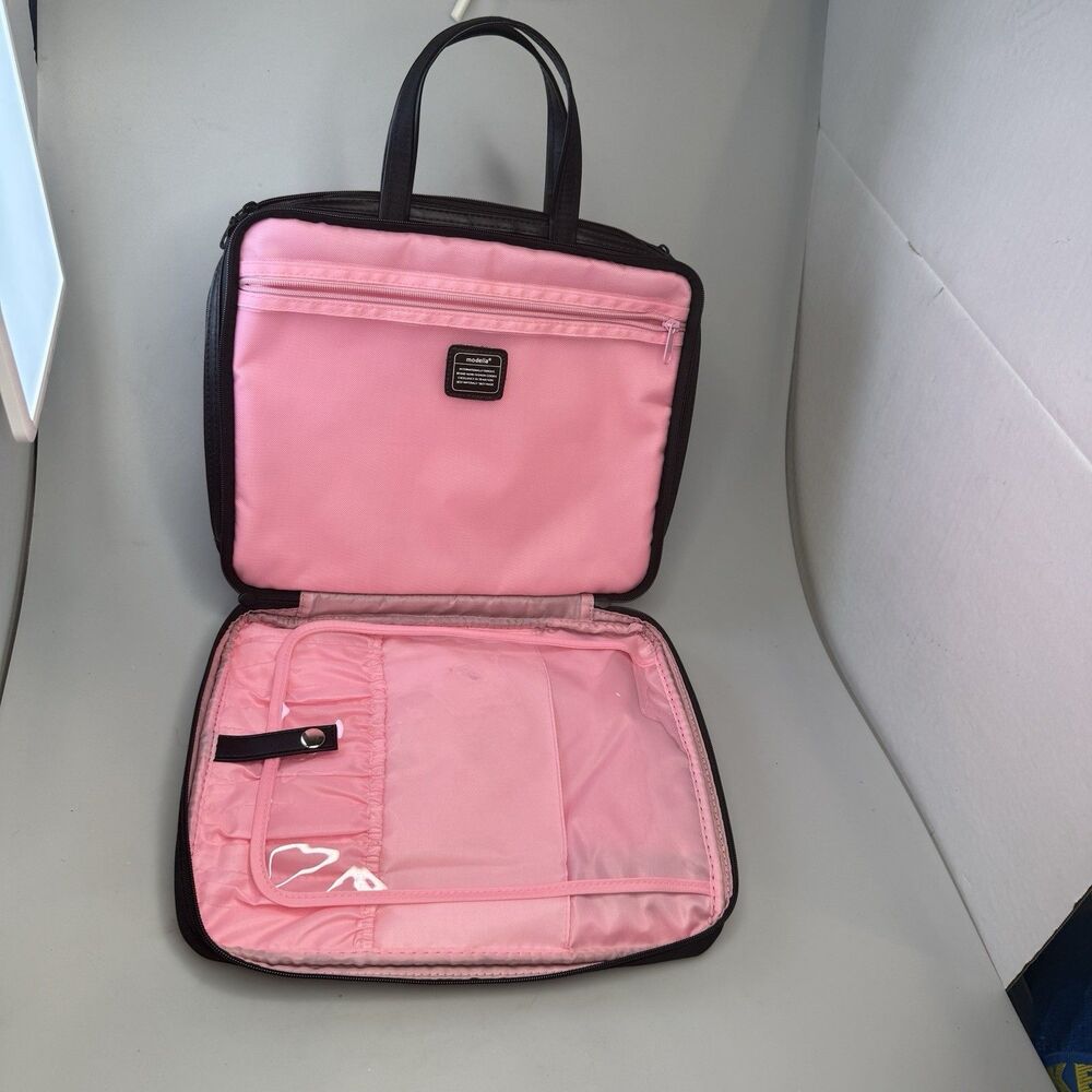Modella Organizer Makeup Travel Bag XL Black Nylon Pink Liner 13x10 EUC - Picture 10 of 16